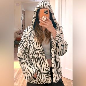 Faux fur zebra-print hooded jacket